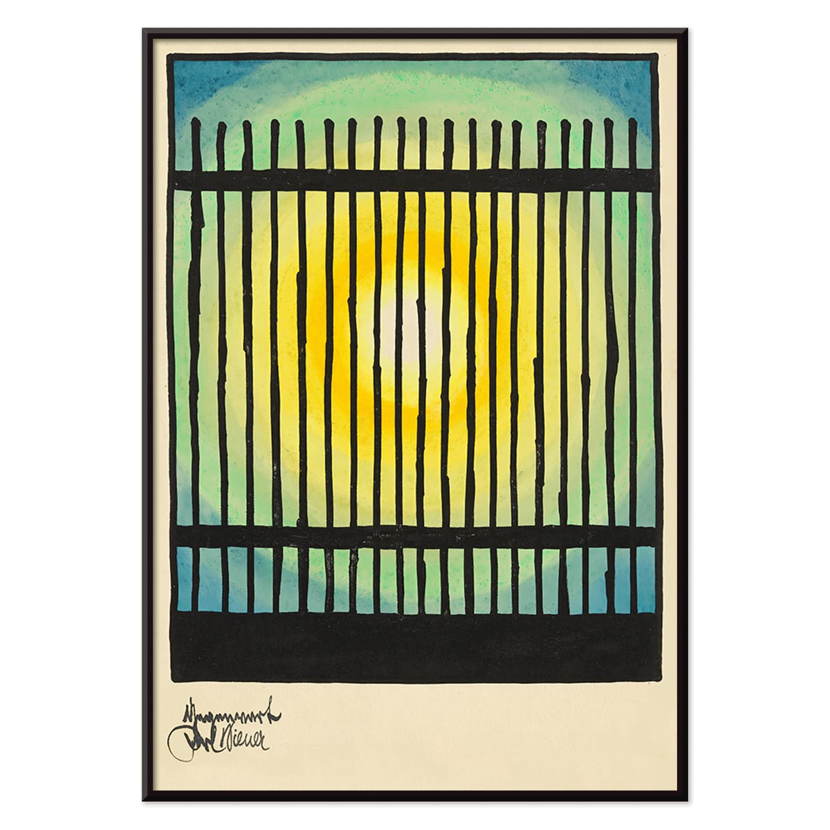 Abstract sun and colorful bars with bright center in Gegenwart artwork by Karl Wiener modern decor poster, with black aluminium frame on white background