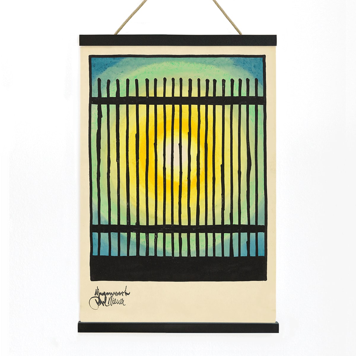 Abstract sun and colorful bars with bright center in Gegenwart artwork by Karl Wiener modern decor poster, with wooden magnetic frame on white background