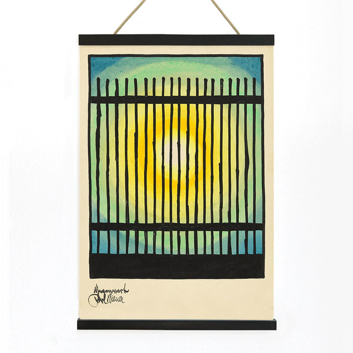 Abstract sun and colorful bars with bright center in Gegenwart artwork by Karl Wiener modern decor poster, with wooden magnetic frame on white background