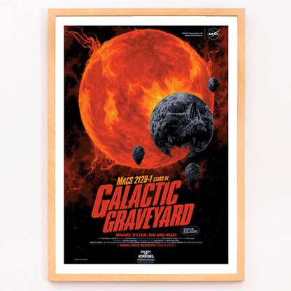 Fiery red star and dark planetary debris in space from Galactic Graveyard by NASA wall art poster for home decor, framed and displayed in modern living room decor