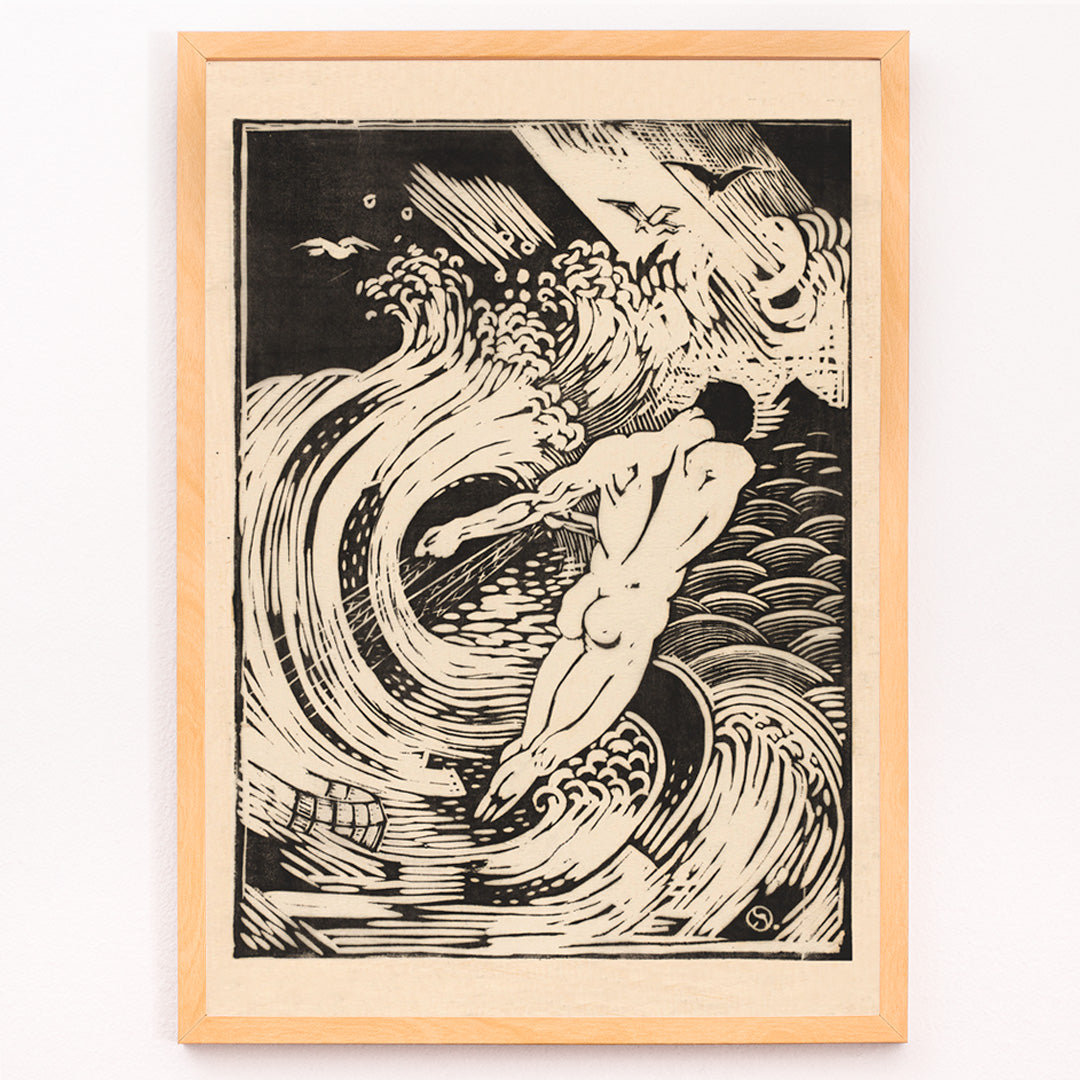 Closeup detail of Nude male diving into swirling stormy waves in De visscher by Henri van der Stok poster