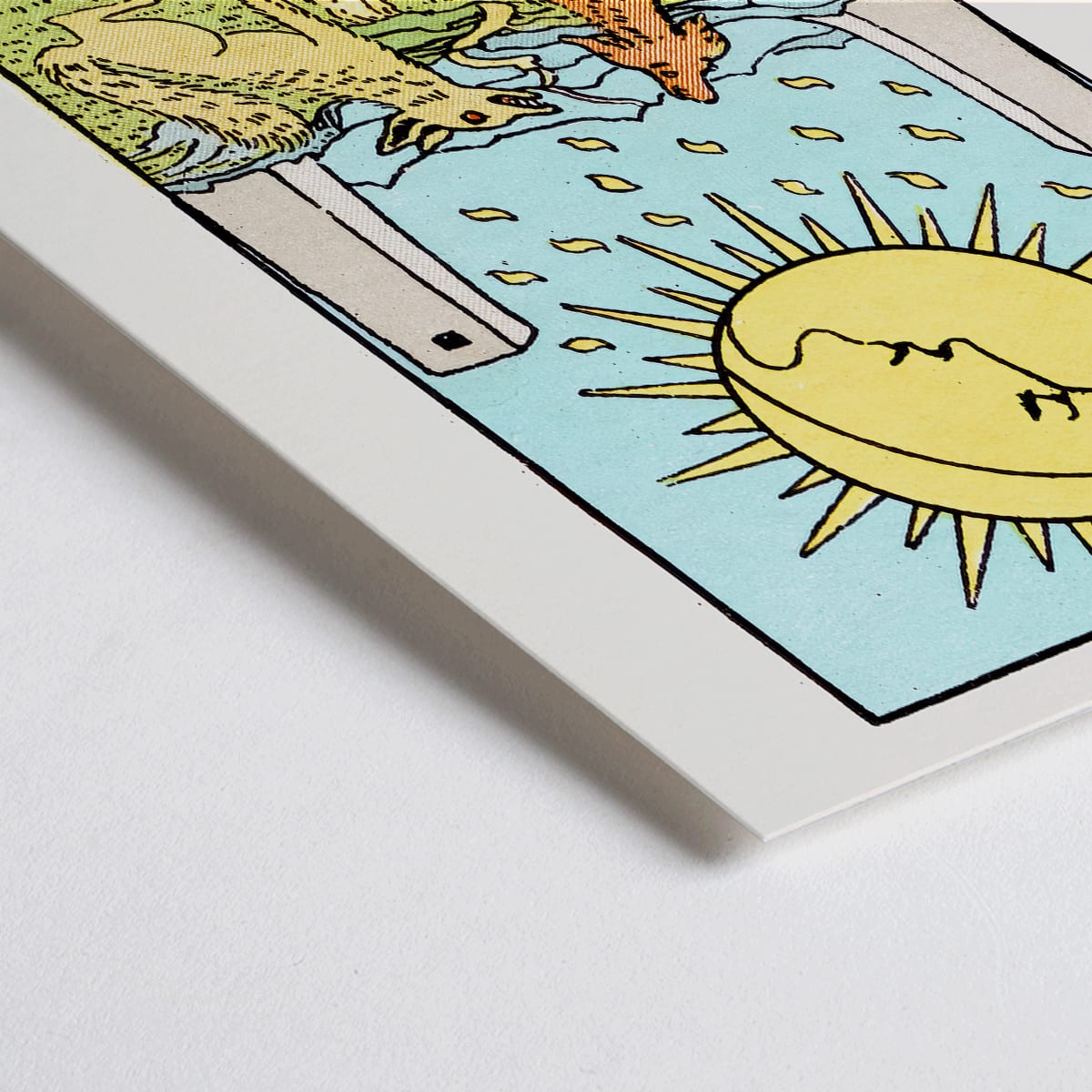 Closeup detail of Tarot The Moon by Rider Waite poster featuring celestial moon two towers two dogs and a crayfish in a mystical landscape