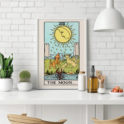 Tarot The Moon by Rider Waite poster featuring celestial moon two towers two dogs and a crayfish in a mystical landscape, framed and displayed in home decor