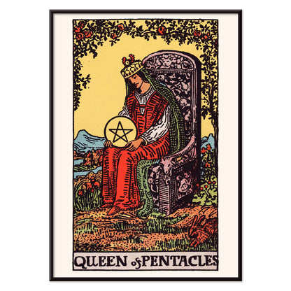 Queen of Pentacles tarot card poster by Pamela Colman Smith with crowned woman in red robes and pentacle, with black aluminium frame on white background