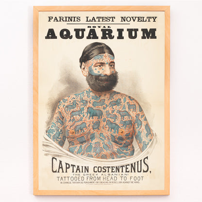 Closeup detail of Tattooed man Captain Costentenus the Greek Albanian at The Royal Aquarium vintage poster artwork