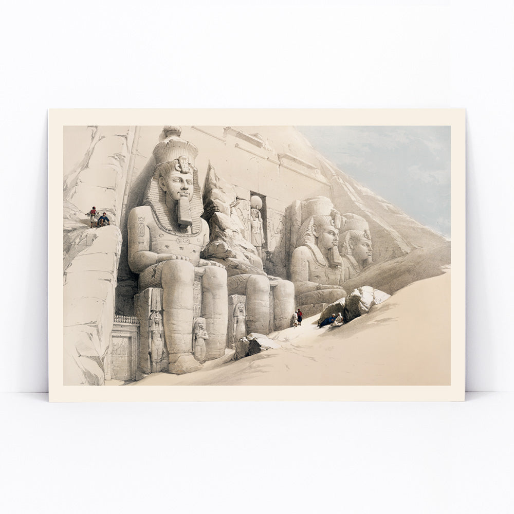 Ancient Egyptian temple with colossal statues at Abu Simbel by David Roberts poster featuring The Great Temple and ancient Egyptian architecture, framed and displayed in modern living room decor