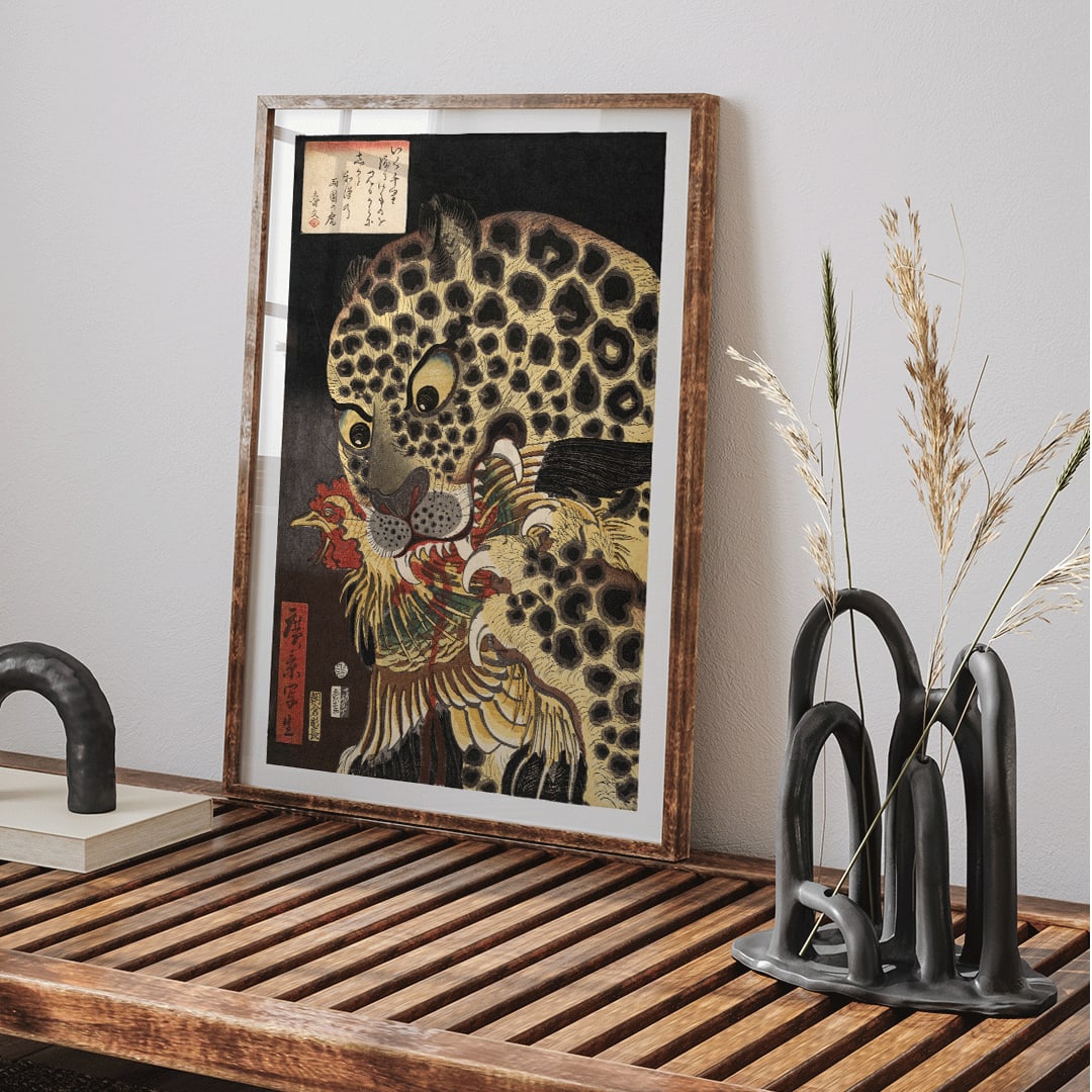 Tiger biting colorful rooster and gripping bird in The Tiger of Ryokoku by Utagawa Hirokage Japanese art poster, framed and displayed in home decor