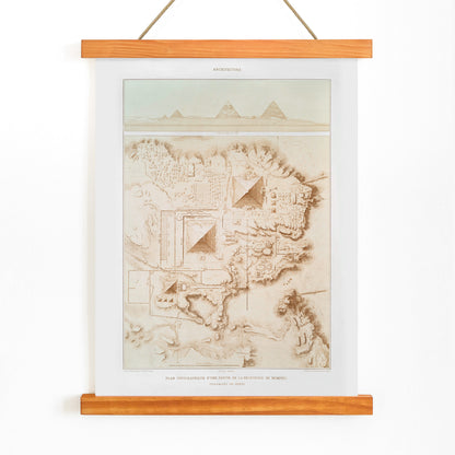 Topographic map of the Giza pyramids and Memphite Necropolis by Emile Prisse dAvennes from Histoire de lart egyptien, with wooden magnetic frame on white background