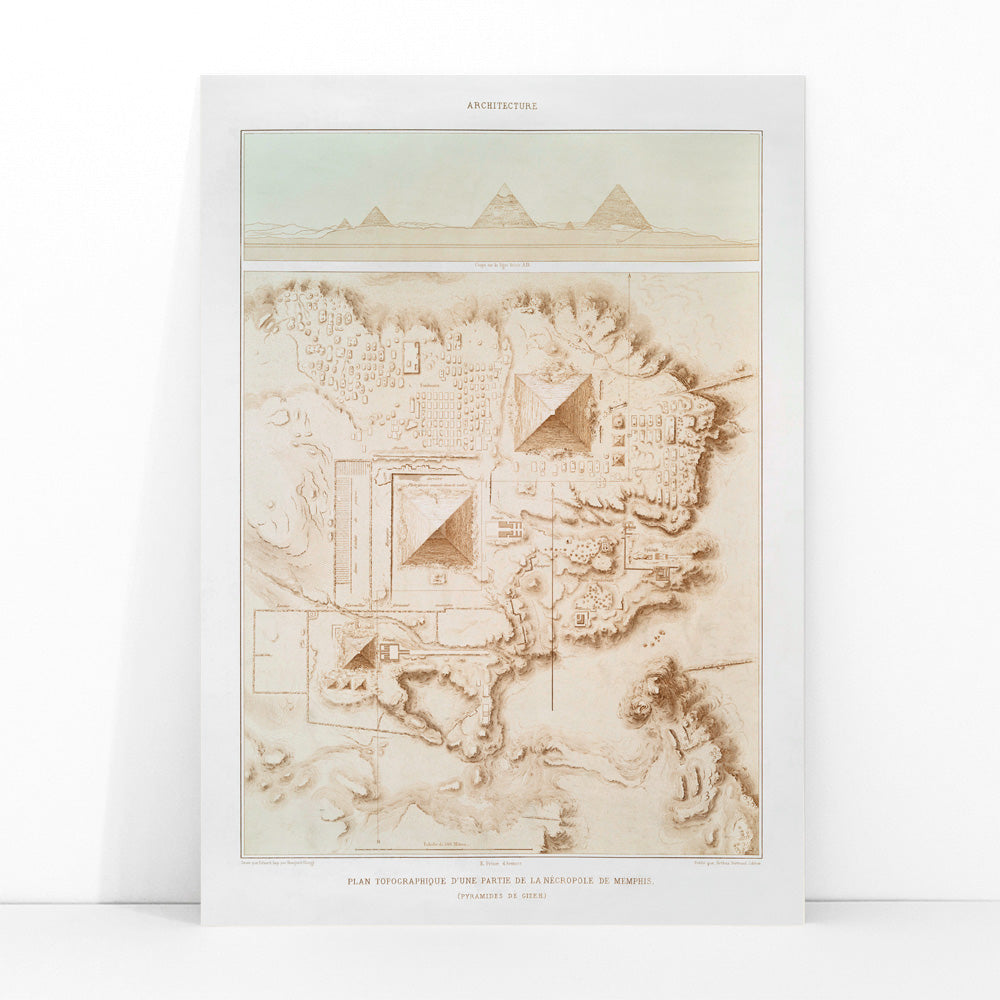 Topographic map of the Giza pyramids and Memphite Necropolis by Emile Prisse dAvennes from Histoire de lart egyptien, framed and displayed in modern living room decor