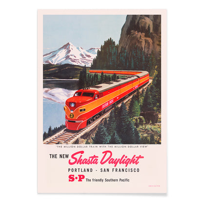 Colorful red train traveling through scenic mountain landscape Shasta Daylight Portland San Francisco vintage artwork poster, with black aluminium frame on white background