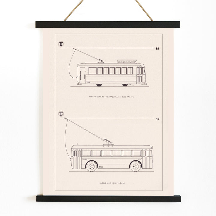 Technical drawings poster of tram Tranvia Serie 701 712 and trolleybus Trolebus Serie 550 589 by Maquitrans, with wooden magnetic frame on white background