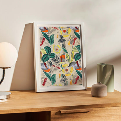 Vibrant tropical flowers and lush greenery textile design pattern titled Tropical Flowers II colorful foliage and blossoms poster, framed and displayed in modern living room decor