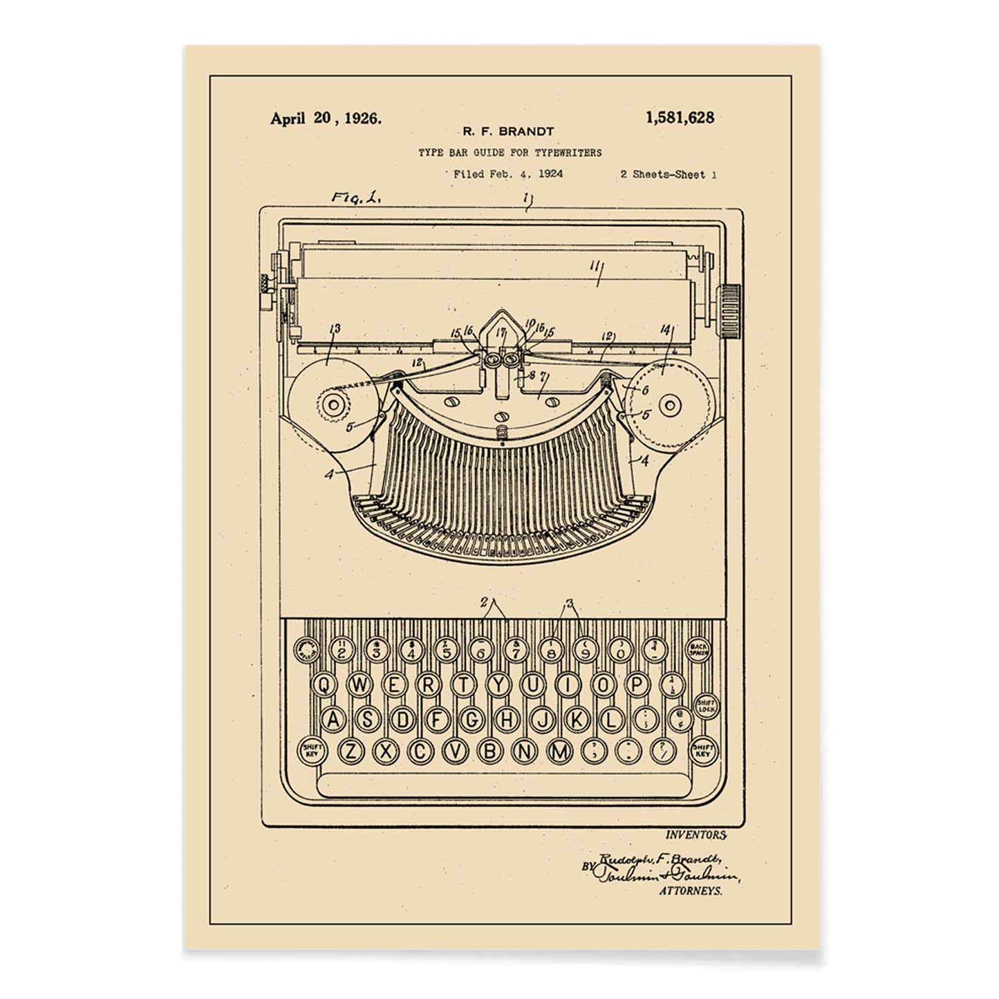 Vintage typewriter patent illustration by R F Brandt with technical details and drawing, with black aluminium frame on white background