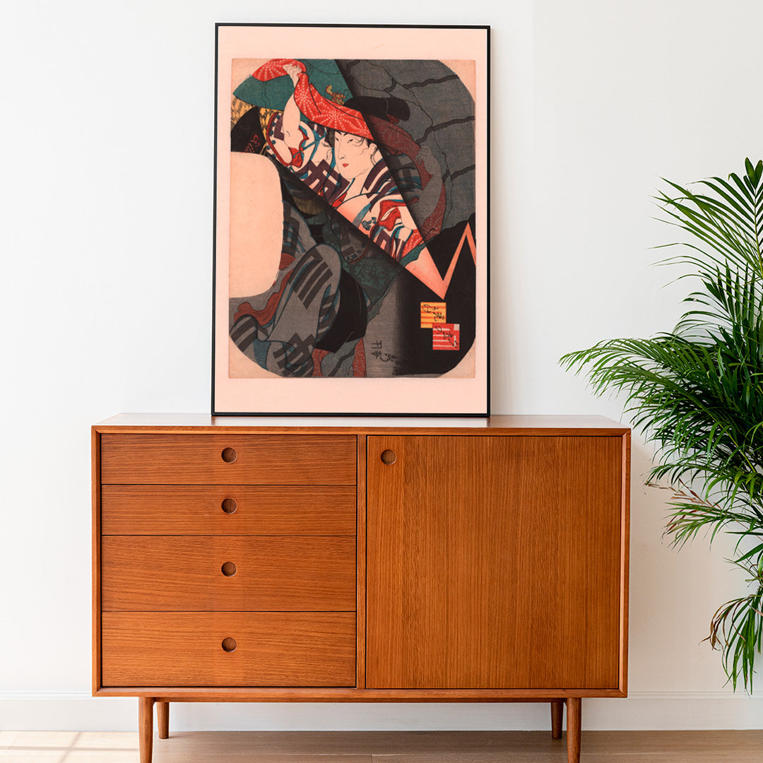 Person taking shelter under a patterned cloth during a thunderstorm in the evening by Utagawa Sadahide Japanese art poster, framed and displayed in home decor