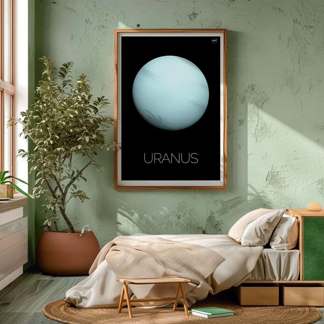 NASA poster of the planet Uranus featuring a light blue sphere against a black background with the title Uranus, framed and displayed in home decor
