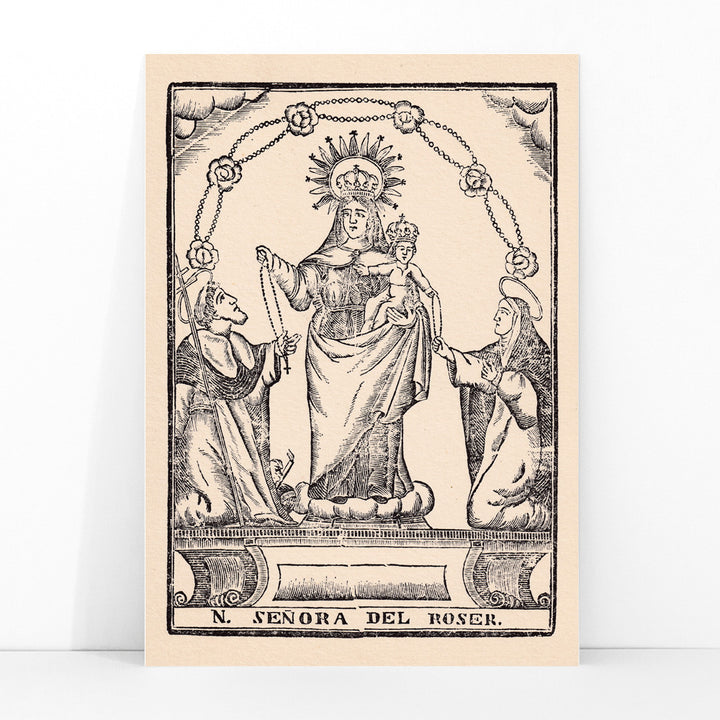 Nuestra Senora del Roser Virgin Mary holding Child Jesus with saints black and white religious illustration and crowned Madonna and child surrounded by saints traditional religious artwork, framed and displayed in modern living room decor