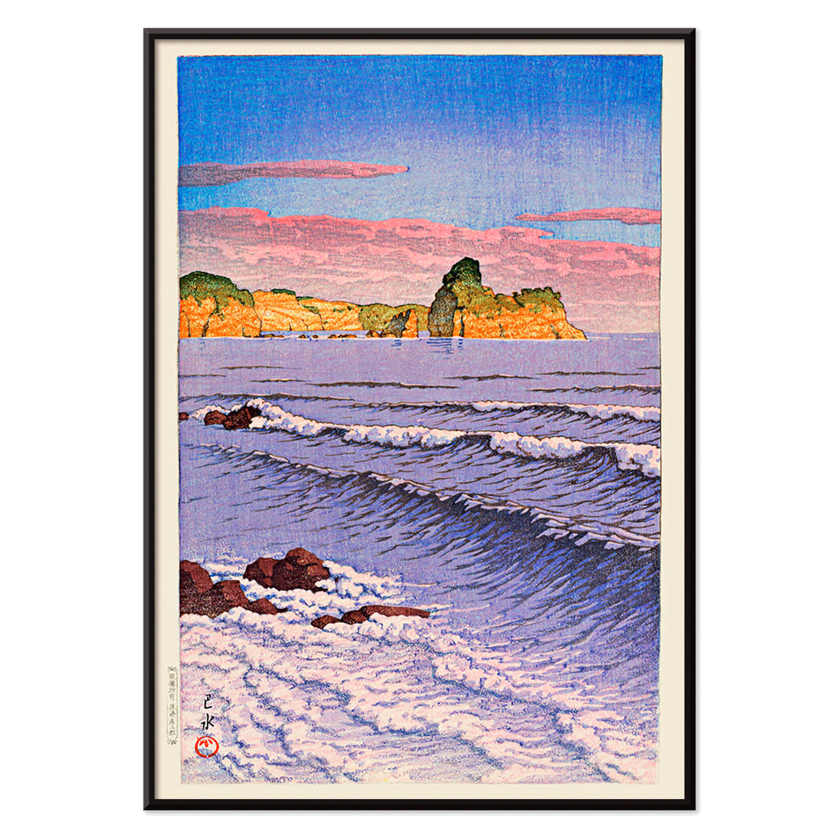 Colorful seascape waves and rocky shore with ocean waves and coastal cliffs in Morning Sea at Bikuni in Shiribeshi Province by Kawase Hasui under a colorful sky, with black aluminium frame on white background