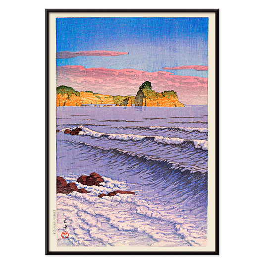 Colorful seascape waves and rocky shore with ocean waves and coastal cliffs in Morning Sea at Bikuni in Shiribeshi Province by Kawase Hasui under a colorful sky, with black aluminium frame on white background