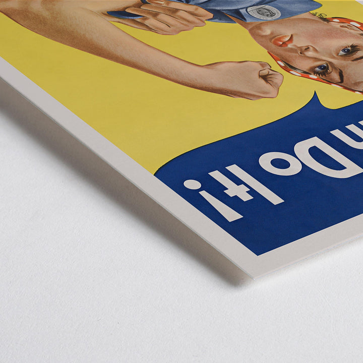 Closeup detail of We Can Do It poster by J Howard Miller with determined woman flexing arm in blue and yellow wartime style