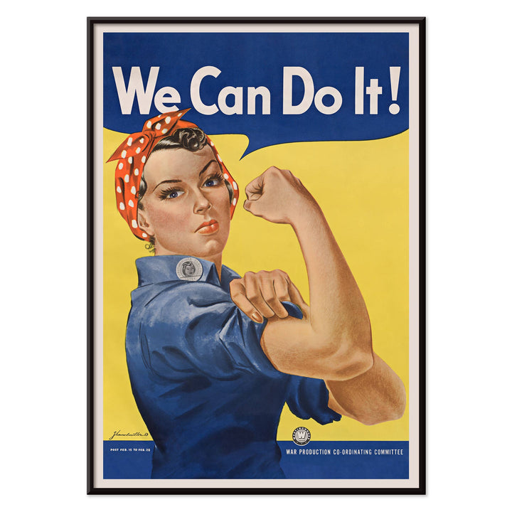 We Can Do It poster by J Howard Miller with determined woman flexing arm in blue and yellow wartime style, with black aluminium frame on white background