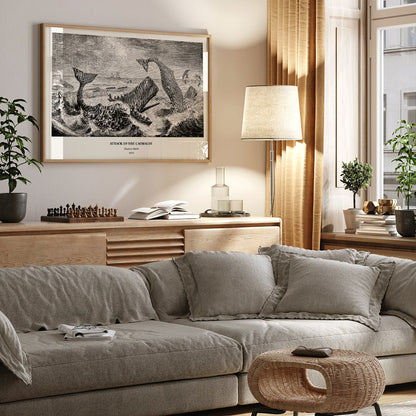 Sperm whale and cachalot attacking fishing boats illustration from The Natural History of the Sperm Whale by Thomas Beale, framed and displayed in home decor