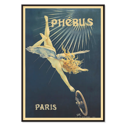 Poster of a winged figure with golden hair falling toward a bicycle wheel in Phébus by Henri Boulanger Gray, with black aluminium frame on white background