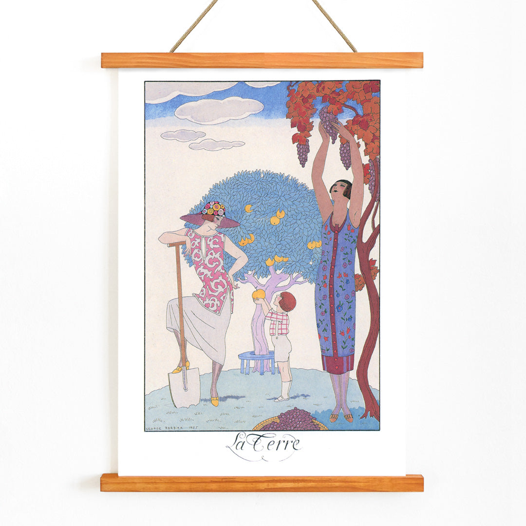 Art Deco illustration and poster by George Barbier featuring women and a child harvesting fruit in a colorful stylized garden, with wooden magnetic frame on white background
