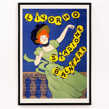 Closeup detail of Woman in green dress holding yellow lanterns Livorno stagione balneare by Leonetto Cappiello poster on blue background