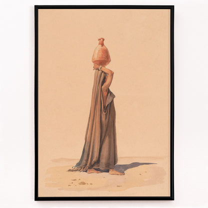Closeup detail of Water carrier by Emile Prisse dAvennes woman in traditional attire carrying water jug on head in desert scene artwork