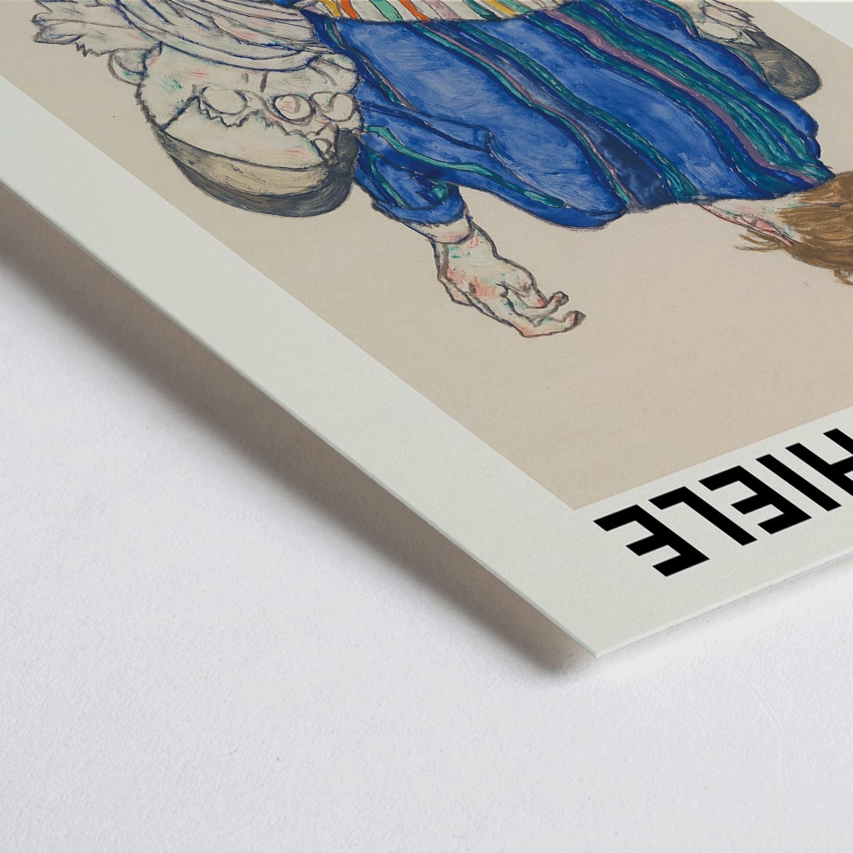 Closeup detail of Egon Schiele Woman Seated Back exhibition poster showing a woman in a colorful garment sitting with her back turned artwork