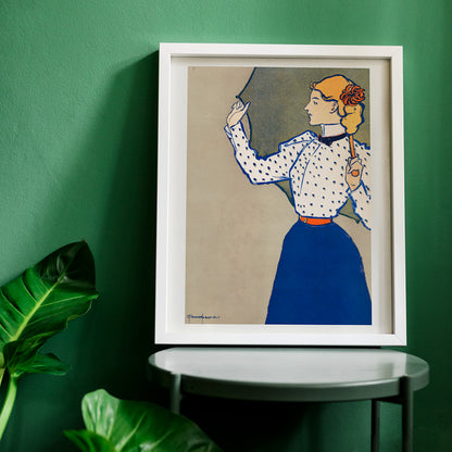 Woman holding umbrella in vintage fashion polka dot blouse and blue skirt artwork by Edward Penfield, framed and displayed in home decor