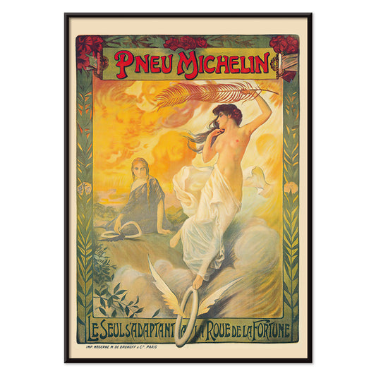Vintage Michelin tire advertisement by Edouard Michelin featuring women artistic flourishes flowing fabric palm leaf and winged tire Pneu Michelin poster artwork, with black aluminium frame on white background