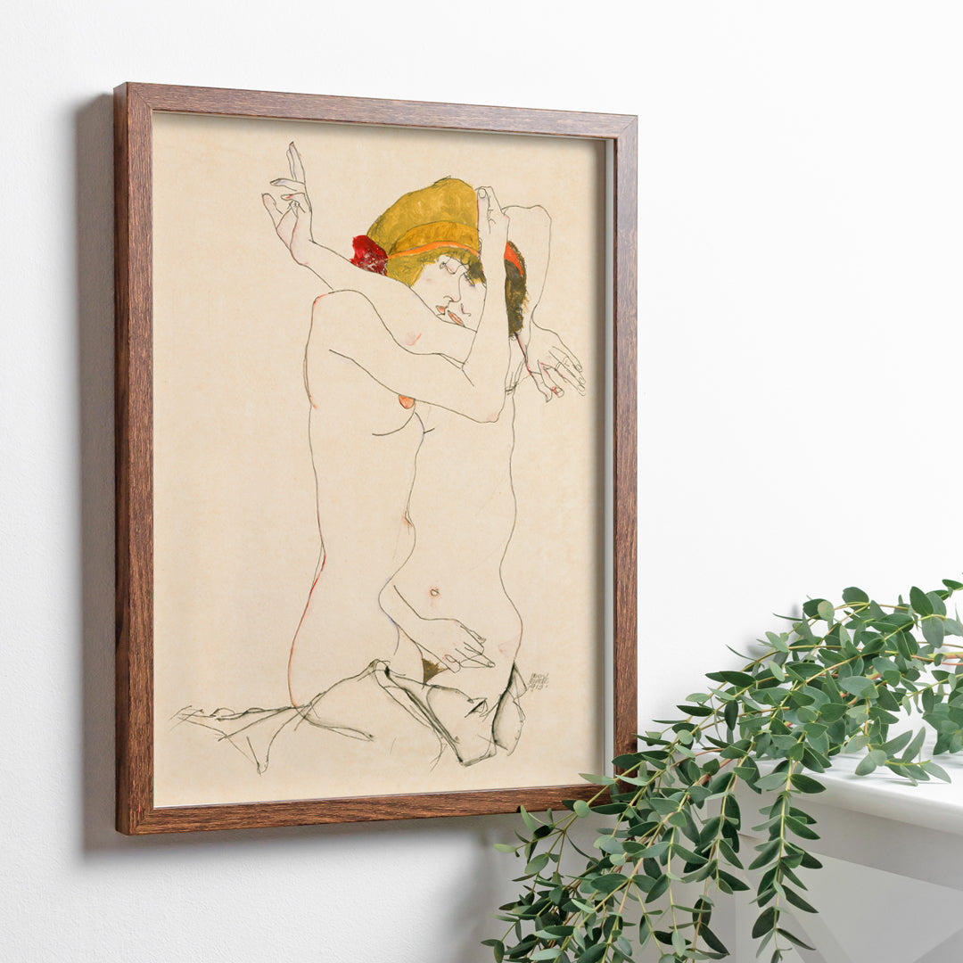 Two Women Embracing by Egon Schiele expressive artwork poster featuring two nude women in an intimate pose, framed and displayed in home decor