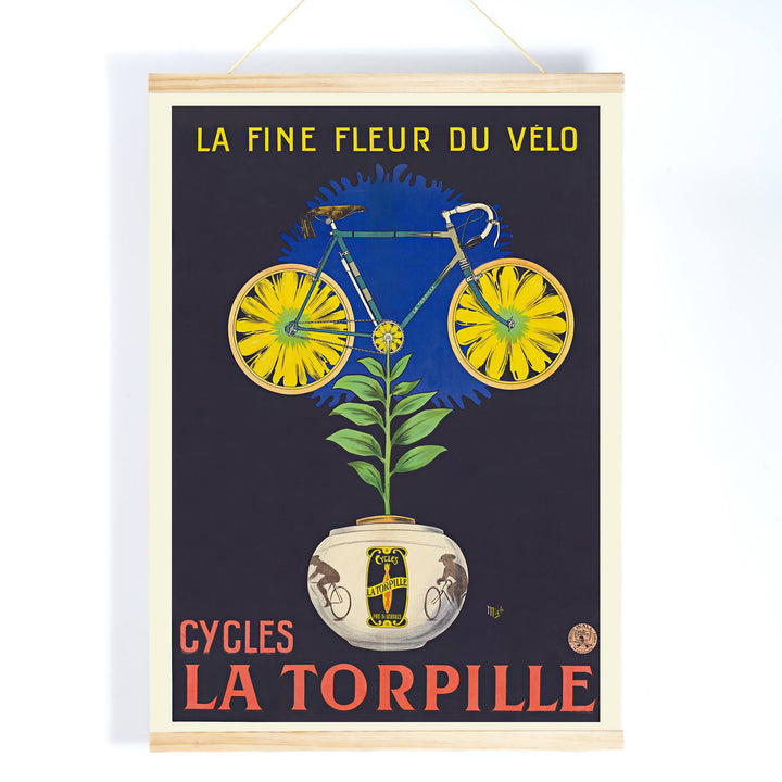 Michel Liebeaux La fine fleur du vélo poster with yellow bicycle rising from flower pot, green plant, dark background, vintage advertising style, with wooden magnetic frame on white background