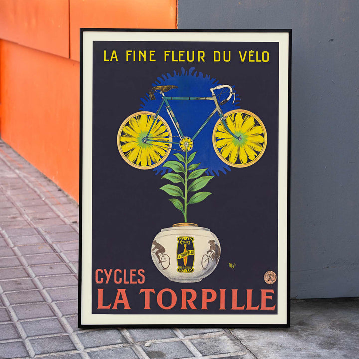 Michel Liebeaux La fine fleur du vélo poster with yellow bicycle rising from flower pot, green plant, dark background, vintage advertising style, framed and displayed in home decor