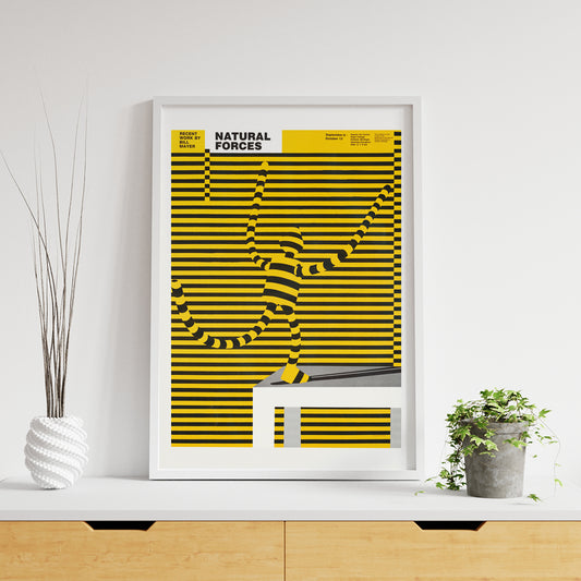 Natural forces artwork by Bill Mayer featuring a yellow and black striped abstract figure blending with lines poster, framed and displayed in home decor