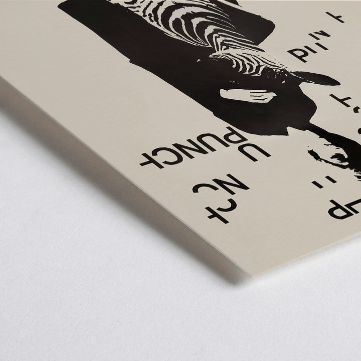Closeup detail of Fashionable woman with zebra by Paul Mitzkat Punch Boutique Poster featuring monochrome design and floating text elements