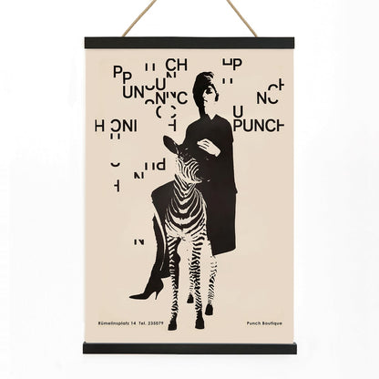 Fashionable woman with zebra by Paul Mitzkat Punch Boutique Poster featuring monochrome design and floating text elements, with wooden magnetic frame on white background