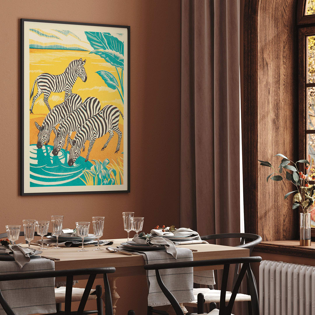 Zebras drinking at a waterhole in vibrant jungle scenery illustration by Clifford Webb from A Jungle Picnic Pl 25 Zebra poster, framed and displayed in home decor