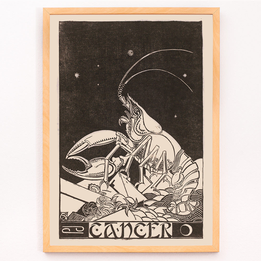 Closeup detail of Artistic illustration and poster of Cancer zodiac sign with crab under stars by Henri van der Stok