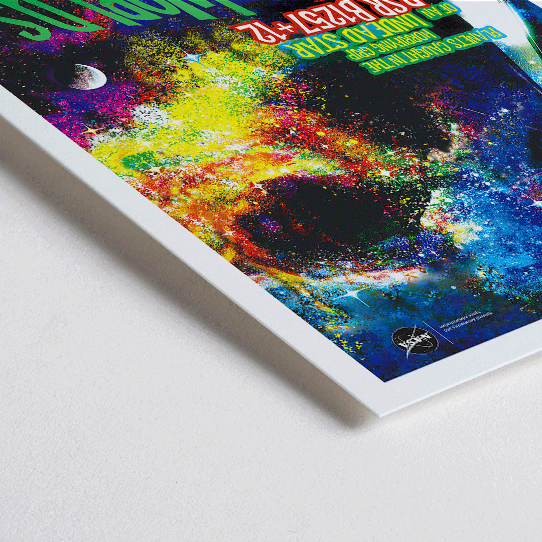 Closeup detail of Colorful cosmic-themed NASA artwork titled Zombie Worlds showing planets around an undead star with poster text in a vibrant space scene